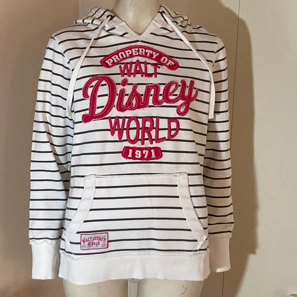 Property of Walt Disney World White Hoodie Gray Stripes Pink Letters Size MEDIUM - Picture 1 of 8